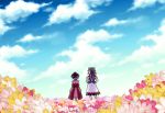  2girls black_hair bow bowl clouds dress field flower flower_field hands_on_hips horns japanese_clothes kijin_seija kimono multicolored_hair multiple_girls purple_hair satou_yuuki short_hair sky streaked_hair sukuna_shinmyoumaru touhou white_hair 