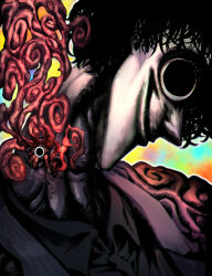  1boy 1other archmage_curriculum_(webtoon) black_hair business_suit commentary_request eugene_(archmage_curriculum) gggoturi highres horror_(theme) jacket korean_commentary long_neck looking_at_viewer looking_to_the_side messy_hair monster open_clothes open_jacket pale_skin smile solid_circle_eyes suit tentacles 