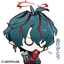  1boy arknights arknights:_endfield arm_strap blue_hair camille_(arknights) chibi chibi_only closed_eyes hair_between_eyes halo hand_on_own_chin jewelry lowres male_focus multicolored_hair official_art pointy_ears red_hair red_halo sticker_(medium) streaked_hair turtleneck u_u 