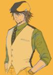  1boy cabbie_hat eizan_(yoidesyou) facial_hair goatee hand_in_pocket hat kaburagi_t_kotetsu looking_at_viewer male_focus orange_background smile solo tiger_&amp;_bunny vest 