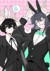  2boys ^_^ absurdres alternate_costume animal_ear_hairband animal_ears aqua_bow aqua_bowtie arms_up black_eyes black_hair black_jacket black_pants black_ribbon black_vest bow bowtie closed_eyes closed_mouth coat collared_shirt commentary_request cowboy_shot fake_animal_ears fake_tail flying_sweatdrops grin hairband hands_up heart heart_background high_ponytail highres hong_lu_(project_moon) hongru898 jacket korean_commentary limbus_company long_hair long_sleeves male_focus male_playboy_bunny multiple_boys neck_ribbon pants pink_background ponytail project_moon rabbit_ear_hairband rabbit_ears rabbit_pose rabbit_tail ribbon shirt smile spoken_flying_sweatdrops spoken_heart suit suit_jacket sweatdrop tail very_long_hair vest white_shirt yi_sang_(project_moon) 
