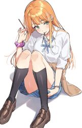  1girl black_socks blue_skirt bongnom clothes_around_waist commentary_request food gakuen_idolmaster green_eyes gyaru hair_ornament hugging_own_legs idolmaster jewelry kneehighs knees_up loafers long_hair looking_at_viewer orange_hair pleated_skirt pocky school_uniform scrunchie shirt shiun_sumika shoes simple_background sitting skirt socks solo white_background white_shirt wrist_scrunchie 
