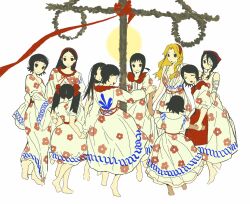 6+girls apron bandage_over_one_eye black_eyes black_hair blonde_hair bow braid character_request circle_dance closed_eyes commentary dancing dress english_commentary floral_print hair_bow headband highres holding_hands kobushi_abiru koine2l23 laughing long_dress multiple_girls multiple_hair_bows open_mouth pole red_apron red_headband sayonara_zetsubou_sensei smile twin_braids twintails white_background 