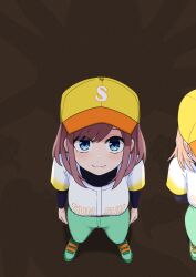  2girls :3 absurdres alternate_eye_color baseball_cap baseball_uniform black_shirt blue_eyes blush breasts brown_hair closed_mouth commentary_request from_above green_pants green_shoes happyundergate hat highres igarashi_rika large_breasts long_sleeves looking_at_viewer medium_hair monster multiple_girls nijisanji nijisanji_koshien orange_hair pants shirt shoes short_sleeves smile solo_focus sportswear suzuhara_lulu upturned_eyes virtual_youtuber white_shirt yellow_hat 