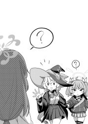  3girls ? absurdres blue_archive bow bowtie braid charmbird collared_shirt commentary_request deformed eri_(blue_archive) grabbing_another's_hand halo hat highres jacket korean_commentary long_hair long_sleeves low-tied_long_hair miniskirt multiple_girls notice_lines open_mouth pleated_skirt shirt simple_background single_braid skirt solid_oval_eyes speech_bubble spoken_question_mark tsumugi_(blue_archive) twintails white_background witch_hat yoshimi_(blue_archive) 