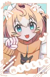  1girl :3 :d ahoge aqua_eyes artist_name blonde_hair blush border bow character_name face_filter hair_between_eyes hair_bow heart holyyyys jersey_maid looking_at_viewer maid maid_headdress millie_parfait nijisanji nijisanji_en paw_pose portrait smile solo twitter_username unconventional_maid virtual_youtuber white_border 