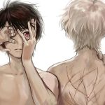  2boys aldnoah.zero back brown_hair covering_one_eye cybernetic_eye ichinose777 kaizuka_inaho male_focus multiple_boys nude platinum_blonde red_eyes scar short_hair slaine_troyard 