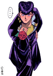 1boy blush commentary_request diamond_wa_kudakenai earrings flower gakuran hand_on_own_hip higashikata_josuke highres holding holding_flower jewelry jojo_no_kimyou_na_bouken oniyama831 peace_symbol pompadour red_flower red_rose rose school_uniform simple_background solo speech_bubble stud_earrings 