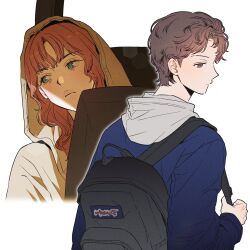  1boy 1girl backpack bag black_bag car_interior car_seat closed_mouth commentary curly_hair green_eyes highres holding holding_bag hood hooded_jacket hoodie imtoolate_18 jacket jean_grey leaning leaning_to_the_side long_hair looking_to_the_side marvel orange_hair peter_parker short_hair simple_background spider-man:_brand_new_day spider-man_(series) upper_body wavy_hair white_background 