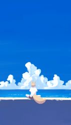  1girl absurdres black_shorts blonde_hair blue_sky clouds cumulonimbus_cloud egq912 egq912_(artist) facing_away fluffy_tail fox_girl fox_tail from_behind highres horizon indie_virtual_youtuber landscape looking_afar no_lineart ocean pants scenery self-portrait shirt shorts sitting sky solo tail virtual_youtuber white_shirt wide_shot 