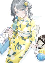  1girl arm_at_side bag blindfold blue_nails blush closed_mouth commentary_request double_bun fingernails flower from_above grey_hair hair_bun hair_flower hair_ornament hand_up highres holding holding_bag holding_swimsuit holding_unworn_clothes japanese_clothes kimono leaf_print looking_at_viewer looking_up medium_hair nail_polish nozawa_(nooo1709) obi original parted_bangs print_kimono sash simple_background sitting solo swimsuit twintails unworn_swimsuit white_background white_flower white_sash yellow_flower yellow_kimono 