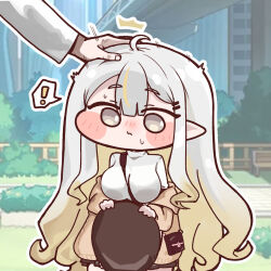  ! 1girl 1other ahoge bag between_breasts blonde_hair blush breasts cardigan commentary_request hair_between_eyes hand_on_another's_head handbag hat headpat highres holding holding_unworn_clothes holding_unworn_hat junho korean_commentary large_breasts leader_(trickcal) long_hair looking_down multicolored_hair nose_blush open_cardigan open_clothes outdoors outline pointy_ears renewa_(leisurely_time)_(trickcal) renewa_(trickcal) skirt spoken_exclamation_mark strap_between_breasts streaked_hair sweatdrop sweater trickcal turtleneck turtleneck_sweater unworn_hat unworn_headwear very_long_hair white_hair white_outline 