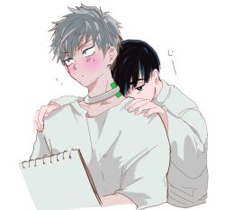  2boys alien_stage black_hair blush choker commentary_request grey_hair hands_on_another's_shoulders ivan_(alien_stage) male_focus multiple_boys notebook shirt short_hair spiral_notebook till_(alien_stage) translation_request very_short_hair white_choker white_shirt yossaaan 