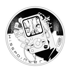  1other animal_charm border charm_(object) commentary_request earphones fingerless_gloves gloves greyscale hand_focus hissabeth holding holding_earphones holding_mp3_player monochrome mp3_player pointer_(reverse:1999) reverse:1999 rikini_sushi round_border sticker white_background 