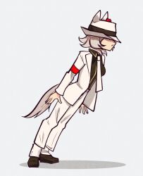  1girl animal_ears anti-gravity_lean armband black_shirt black_shoes bow breasts closed_mouth collared_shirt cosplay curren_chan_(umamusume) ear_bow ear_covers emeruga fedora grey_hair hat horse_ears horse_girl horse_tail jacket leaning_to_the_side long_sleeves michael_jackson michael_jackson_(cosplay) necktie pants parody red_armband red_bow shirt shoes short_hair smooth_criminal solo suit tail umamusume white_hat white_necktie white_pants white_suit 