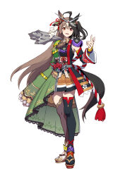  1girl animal_ears armor asymmetrical_clothes asymmetrical_hair asymmetrical_legwear breastplate breasts commentary_request detached_sleeves dual_persona full_body heterochromia horse_ears horse_girl horse_tail kamen_rider kamen_rider_double kamen_rider_double_(cyclonejoker) kamen_rider_w kitasan_black_(umamusume) medium_breasts multicolored_hair pauldrons rider_belt rope satono_diamond_(umamusume) shimenawa shoulder_armor tabi tail tenkey2022 umamusume white_background zettai_ryouiki 
