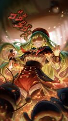  1girl absurdres bang_dream! bang_dream!_it's_mygo!!!!! beret black_capelet black_pantyhose black_skirt bobadd capelet chinese_commentary clenched_teeth commentary_request earrings fire green_hair hat highres holding holding_knife jewelry knife long_hair long_sleeves menacing_(jojo) mortis_(bang_dream!) mortis_(costume)_(bang_dream!) mortis_(persona)_(bang_dream!) open_mouth pantyhose pantyhose_under_shorts red_hat red_shorts sharp_teeth shorts shorts_under_skirt skirt solo teeth wakaba_mutsumi wakaba_mutsumi_(doll) 