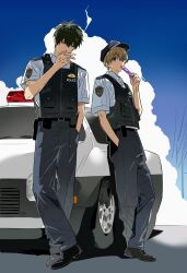  2boys alternate_costume arm_up belt belt_pouch black_belt black_hat black_shoes black_vest brown_eyes brown_hair car cigarette clouds collared_shirt contrapposto cumulonimbus_cloud gintama grey_pants hand_in_pocket hat hijikata_toushirou holding holding_cigarette looking_to_the_side male_focus motor_vehicle multiple_boys okita_sougo outdoors pants police police_car police_hat police_uniform pouch power_lines shang_okihiji shirt shoes short_hair short_sleeves sideways_glance sky smoke smoking standing very_short_hair vest white_shirt 