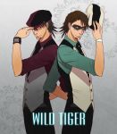  2boys back-to-back brown_shirt cabbie_hat dual_persona hat highres kaburagi_t_kotetsu kama_neko mask multiple_boys red_shirt smile tiger_&amp;_bunny vest 