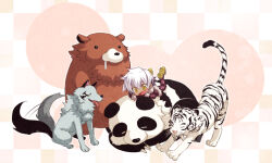  1boy brown_bear brown_pants chibi claws closed_eyes commentary_request dark-skinned_male dark_hunter_(sekaiju) dark_hunter_3 dark_skin grey_hair grey_wolf hair_between_eyes male_focus no_s open_mouth panda pants pet_(sekaiju) pet_1_(sekaiju) pet_2_(sekaiju) pet_3_(sekaiju) pet_4_(sekaiju) sekaiju_no_meikyuu sekaiju_no_meikyuu_2 short_hair stretching tail tail_wagging tiger tongue tongue_out white_tiger yellow_eyes 
