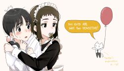  2girls aiu404l apron balloon black_hair black_shirt brown_eyes brown_hair egg_(aiu404l) english_commentary english_text grey_eyes highres holding holding_balloon hug jacket long_sleeves maid maid_apron maid_headdress medium_hair multiple_girls original pacifier shirt simple_background white_apron white_jacket yuri 