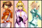 3girls :d belt bikesuit blonde_hair blue_eyes breakblack breasts brown_hair cleavage cowboy_shot crown earrings gloves green_eyes hair_over_one_eye hand_on_hip highres jewelry long_hair super_mario_bros. multiple_girls open_clothes open_mouth ponytail princess_daisy princess_peach rosalina_(mario) scarf sketch smile 