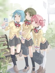  >_< 3girls absurdres bag bench black_skirt black_socks blue_hair bow brown_shoes bush commentary full_body green_eyes green_hair highres holding holding_bag holding_phone kaname_madoka long_hair mahou_shoujo_madoka_magica mahou_shoujo_madoka_magica_(anime) medium_hair miki_sayaka mitakihara_school_uniform multiple_girls outdoors path phone pink_eyes pink_hair plant red_bow school_uniform selfie shirt shizuki_hitomi shoes skirt smile socks standing standing_on_one_leg sunflower_hua1 v white_socks yellow_shirt 