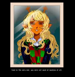  1girl animal_ears antlers black_shirt blonde_hair brown_eyes buck_teeth checkered_clothes checkered_sweater_vest collared_shirt deer_antlers deer_ears deer_girl deltarune english_text green_sweater_vest highres horns long_hair noelle_holiday picture_frame shirt softngentle solo sweater_vest teeth utdr_(toby_fox) white_shirt 