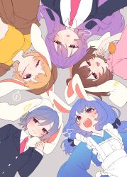  +++ 5girls absurdres alternate_costume anger_vein angry animal_ears apron black_jacket blazer blue_hair blue_kimono blush brown_hat carrot_necklace collared_shirt commentary_request crop_top dress earclip flat_cap floppy_ears hat highres inaba_tewi jacket japanese_clothes jewelry kimono long_sleeves maid mouth_hold multiple_girls musical_note necklace necktie open_mouth pendant pink_dress pink_eyes pink_necktie puff_of_air purple_hair rabbit_ears rabbit_girl rabbit_youkai_group_(touhou) red_eyes reisen_(touhou_bougetsushou) reisen_udongein_inaba ringo_(touhou) seiran_(touhou) shirt short_hair skewer smile spoken_musical_note sumiyama_sui sweatdrop touhou wa_maid white_apron white_shirt yellow_shirt 