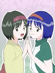  2girls :d blue_hair brown_hairband closed_mouth commentary_request erika_(pokemon) eyelashes from_side green_shirt grey_eyes hairband hakama hand_up highres japanese_clothes kimono looking_to_the_side multiple_girls open_mouth outline palms_together pokemon pokemon_(anime) pokemon_(classic_anime) pokemon_journeys red_hakama shirt short_sleeves smile yellow_kimono yutoi 