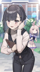  2girls :c animal_ears artist_name asymmetrical_bangs black_hair black_pants black_vest blurry blurry_background blush breasts buttons clipboard collared_shirt commentary_request cowboy_shot dated happy_meek_(umamusume) highres holding holding_clipboard horse_ears horse_girl jealous kiryuin_aoi leaning_forward lens_flare long_sleeves looking_at_viewer medium_hair multiple_girls nao_(syn_eaa) open_mouth orange_eyes outdoors pants pen pleated_skirt ponytail purple_shirt school school_uniform shirt shirt_tucked_in skirt small_breasts smile solo_focus tracen_school_uniform tree tucking_hair umamusume vest white_shirt white_skirt 