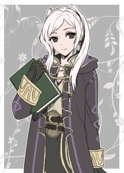  1girl black_eyes black_gloves black_robe book border commentary_request female_robin_(fire_emblem) fire_emblem fire_emblem_awakening gloves grey_background holding holding_book hood hood_down hooded_robe long_hair long_sleeves looking_at_viewer outside_border robe smile solo twintails umehime white_border white_hair 