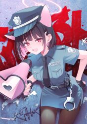  1girl absurdres alternate_costume animal_ears black_neckerchief blue_archive cat_ears cat_girl colored_inner_animal_ears colored_inner_hair commentary_request cosplay cuffs extra_ears fingerless_gloves gloves halo hand_on_own_hip handcuffs hat highres holding holding_megaphone kazusa_(blue_archive) megaphone multicolored_hair neckerchief nifuji peaked_cap pencil_skirt pink_hair pink_halo police police_hat police_uniform policewoman red_eyes skirt smile solo two-tone_hair 