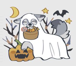  animal_focus basket bat_(animal) candy closed_eyes commentary crescent facing_viewer food grey_background halloween halloween_costume highres holding holding_basket lollipop mouth_hold no_humans original pumpkin rinrinwolf simple_background star_(sky) wolf 