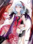  1girl alcohol alternate_costume artist_name bat bat_wings blue_hair cup dress hairband open_mouth red_eyes remilia_scarlet ribbon rosette_(roze-ko) short_hair smile solo touhou wine wine_glass wings 