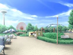  amusement_park beach_umbrella bench blue_sky bridge building bush carousel chair clouds day fence ferris_wheel game_asset grass houou_senki_maimu lamppost lounge_chair motor_vehicle no_humans non-web_source official_art outdoors park railing scenery self-datamine sky summer table television tent tree umbrella visual_novel_cg 