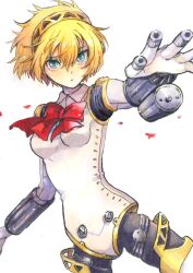  1girl aigis_(persona) android blonde_hair blue_eyes bow breasts chest_bow commentary_request finger_cannon headphones highres joints kanna_nijiniji leotard mechanical_arms medium_breasts persona persona_3 red_bow robot_girl robot_joints short_hair simple_background solo white_background white_leotard 