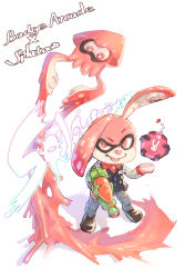  1boy absurdres arcade_bunny black_vest bomb brown_shoes copyright_name explosive furry furry_male grey_pants gun highres holding holding_gun holding_weapon inkling_(swim_form) inkling_player_character nintendo_badge_arcade open_mouth p!k@ru pants shirt shoes splatoon_(series) splatoonification vest weapon white_shirt 
