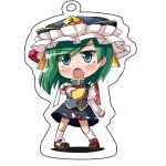  1girl blue_eyes blush chibi clenched_hand crown cutout green_hair juliet_sleeves loafers long_sleeves mono_(mono60) open_mouth pointing pointing_at_viewer puffy_sleeves ribbon rod_of_remorse shiki_eiki shoes skirt socks solo tabard touhou 