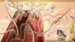  1girl absurdres anjo_nala atomic_heart beamed_sixteenth_notes black_hair chicken_(food) chinese_commentary commentary_request cymbals drumsticks eighth_note english_text food hat heart highres holding holding_drumsticks holding_microphone_stand holding_plate instrument mechanical_tentacles microphone microphone_stand musical_note neckerchief non-humanoid_robot nora_(atomic_heart) official_art open_mouth pink_background plate reverse:1999 robot shirt singing sweat vintage_microphone violet_eyes white_hat white_neckerchief white_shirt 