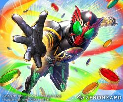  1boy armored_bodysuit artist_name black_bodysuit black_gloves bodysuit commentary_request compound_eyes copyright_logo copyright_name copyright_notice core_medal gloves green_eyes helmet kamen_rider kamen_rider_ooo kamen_rider_ooo_(series) kamen_rider_ooo_(tatoba_combo) logo o_medal official_art ooo_driver reaching reaching_towards_viewer rider_belt solo tajima_yukie zenonzard 