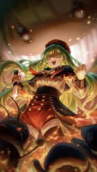  1girl absurdres bang_dream! bang_dream!_it's_mygo!!!!! beret black_capelet black_pantyhose black_skirt bobadd capelet chinese_commentary commentary_request earrings fire green_hair hat highres holding holding_knife jewelry knife long_hair long_sleeves mortis_(bang_dream!) mortis_(costume)_(bang_dream!) mortis_(persona)_(bang_dream!) open_mouth pantyhose pantyhose_under_shorts red_hat red_shorts shorts shorts_under_skirt skirt solo teeth upper_teeth_only wakaba_mutsumi wakaba_mutsumi_(doll) yellow_eyes 