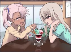  blush breasts chloe_von_einzbern cup dark-skinned_female dark_skin elementary_(lolipope) fate/kaleid_liner_prisma_illya fate_(series) feeding food green_shirt highres ice_cream illyasviel_von_einzbern long_hair long_sleeves open_mouth orange_eyes pink_hair red_eyes shirt short_sleeves sidelocks small_breasts smile spoon sweater twintails white_hair yellow_sweater 