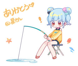  blue_hair chibi chibi_only commentary_request deformed fishing fishing_line fishing_rod holding holding_fishing_rod hyodou_shizuku idoly_pride puddle qqubbell red_eyes twintails 