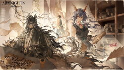  1boy 2girls absurdres arknights bamboo_slips bandaged_neck bandages bead_bracelet beads belt black_bandages black_hair black_hands black_robe blue_hair board_game bookshelf bracelet braid breasts ch'en_(arknights) ch'en_the_dawnstreak_(arknights) chest_tattoo coat colored_extremities copyright_logo copyright_notice detached_sleeves dragon_boy dragon_girl dragon_horns dragon_tail eastern_dragon_horns eastern_dragon_tail faceless faceless_female floating_hair fur-tipped_tail go_(board_game) grey_hair hair_between_eyes hanging_scroll heterochromia high-waist_belt highres holding_go_stone horns jewelry jie_(arknights) logo long_hair medium_breasts medium_hair mei_ren multicolored_coat multicolored_hair multiple_girls official_art pointy_ears red_eyes robe scroll second-party_source single_braided_sidelock sleeveless sleeveless_coat streaked_hair tail tattoo two-tone_hair underbust wang's_cat_(arknights) wang_(arknights) 
