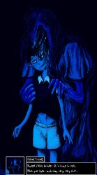  black_hair black_shirt body_horror collared_shirt eating hands_on_another's_shoulders hellmari_(omori) holding horror_(theme) mari_(omori) oldfapsan omori open_mouth shirt short_hair shorts sunny_(omori) video_game_dialogue_box 