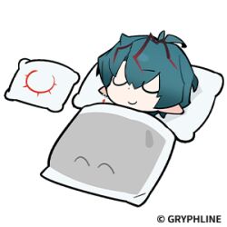 1boy arknights arknights:_endfield blue_hair camille_(arknights) chibi chibi_only closed_eyes hair_between_eyes halo jewelry lowres multicolored_hair official_art pillow pointy_ears red_hair red_halo sleeping sticker_(medium) streaked_hair 