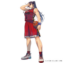  1girl ball basketball_(object) basketball_jersey basketball_shorts basketball_uniform black_hair blue_eyes commentary_request copyright_notice frown full_body hand_on_own_head high_ponytail highres holding holding_ball kagura_(kagurai) kagurai_~kagura_and_raito~ long_hair looking_at_viewer mashutarou_(neko_no_oyashiro) muscular muscular_female official_art ponytail red_shirt red_shorts red_socks shirt shoes shorts simple_background sleeveless sleeveless_shirt sneakers socks solo sportswear sweat tachi-e tall_female very_long_hair white_background white_shoes wristband 