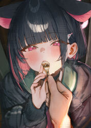  1girl 1other animal_ears betanonbeet birthday black_choker black_hair black_jacket blue_archive blunt_bangs blush cat_ears cat_girl choker colored_inner_hair commentary feeding food_in_mouth fork green_sailor_collar hair_ornament hairclip happy_birthday highres holding holding_fork hood hood_down hooded_jacket jacket kazusa_(blue_archive) long_sleeves looking_at_viewer medium_hair multicolored_hair neckerchief open_mouth pink_eyes pink_hair pink_neckerchief pov pov_hands sailor_collar sidelocks solo_focus sweat upper_body utensil_in_mouth 