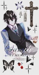  1boy absurdres alcohol bandaged_arm bandaged_neck bandages baocaizi black_hair blue_gem bug bungou_stray_dogs butterfly champagne closed_mouth commentary_request cross cup dazai_osamu_(bungou_stray_dogs) dice gem hair_between_eyes highres holding holding_cup key long_sleeves looking_at_viewer male_focus red_eyes short_hair simple_background sitting solo striped_clothes vertical-striped_clothes vest white_background 